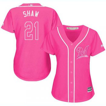 Brewers #21 Travis Shaw Pink Fashion Women's Stitched Baseball Jersey