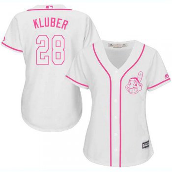 Indians #28 Corey Kluber White Pink Fashion Women's Stitched Baseball Jersey