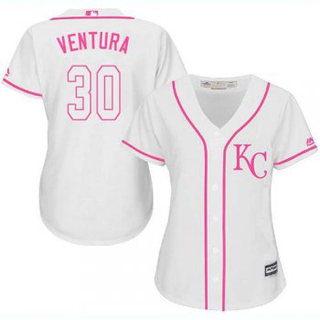 Royals #30 Yordano Ventura White Pink Fashion Women's Stitched Baseball Jersey