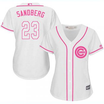Cubs #23 Ryne Sandberg White Pink Fashion Women's Stitched Baseball Jersey