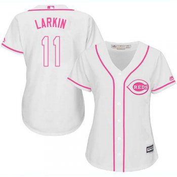 Reds #11 Barry Larkin White Pink Fashion Women's Stitched Baseball Jersey