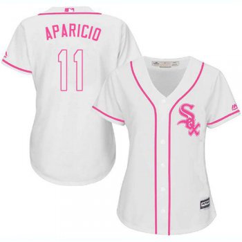 White Sox #11 Luis Aparicio White Pink Fashion Women's Stitched Baseball Jersey
