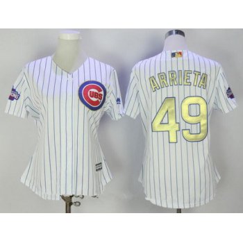 Women's Chicago Cubs #49 Jake Arrieta White World Series Champions Gold Stitched MLB Majestic 2017 Cool Base Jersey