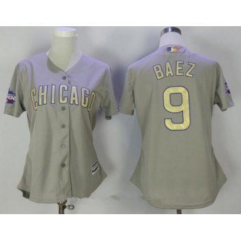 Women's Chicago Cubs #9 Javier Baez Gray World Series Champions Gold Stitched MLB Majestic 2017 Cool Base Jersey