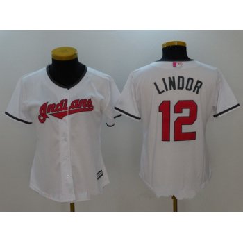 Women's Cleveland Indians #12 Francisco Lindor White With Pink Mother's Day Stitched MLB Majestic Cool Base Jersey