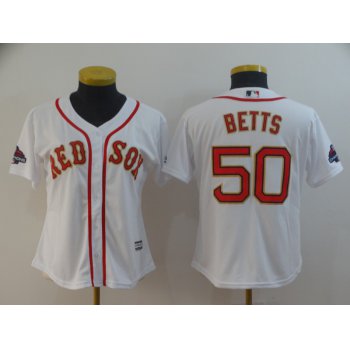 Women Boston Red Sox 50 Mookie Betts White 2019 Gold Program Cool Base Jersey