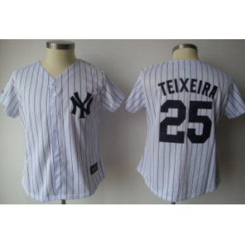 New York Yankees #25 Teixeira White With Black Pinstripe Womens Jersey