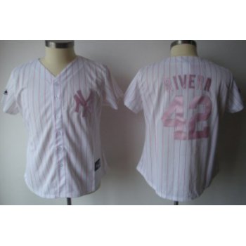 New York Yankees #42 Rivera White With Pink Pinstripe Womens Jersey