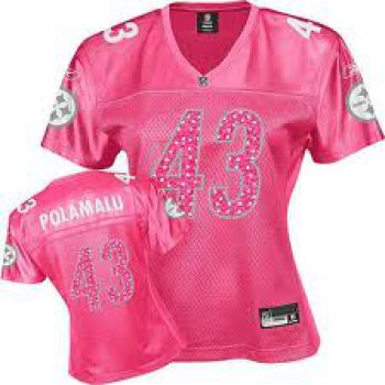 Pittsburgh Steelers #43 Polamalu Pink Womens Sweetheart Diamond Jersey