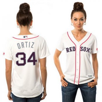 Women's Boston Red Sox #34 David Ortiz White Stars & Stripes Fashion Independence Day Stitched MLB Majestic Cool Base Jersey