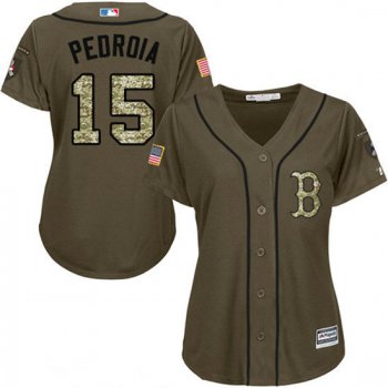 Women's Boston Red Sox #15 Dustin Pedroia Green Salute To Service Stitched MLB Majestic Cool Base Jersey