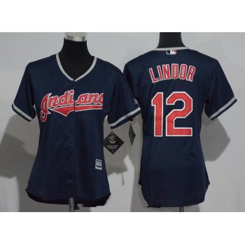Women's Cleveland Indians #12 Francisco Lindor Navy Blue Stitched MLB Majestic Cool Base Jersey