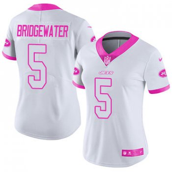 Nike New York Jets #5 Teddy Bridgewater White Pink Women's Stitched NFL Limited Rush Fashion Jersey