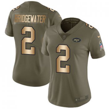 Nike Jets #2 Teddy Bridgewater Olive Gold Women's Stitched NFL Limited 2017 Salute to Service Jersey