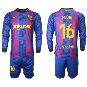 Men 2021-2022 Club Barcelona Second away blue Long Sleeve 16 Soccer Jersey