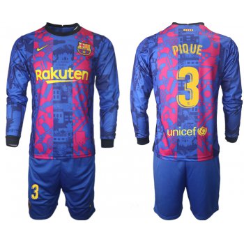 Men 2021-2022 Club Barcelona Second away blue Long Sleeve 3 Soccer Jersey
