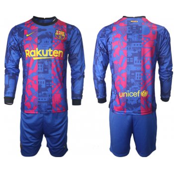 Men 2021-2022 Club Barcelona Second away blue Long Sleeve blank Soccer Jersey