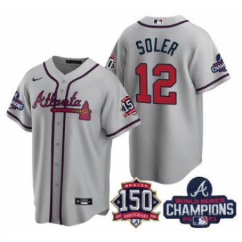 Men's Grey Atlanta Braves #12 Jorge Soler 2021 World Series Champions With 150th Anniversary Patch Cool Base Stitched Jersey