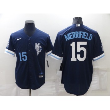 Men's Kansas City Royals #15 Whit Merrifield Number 2022 Navy Blue City Connect Cool Base Stitched Jersey