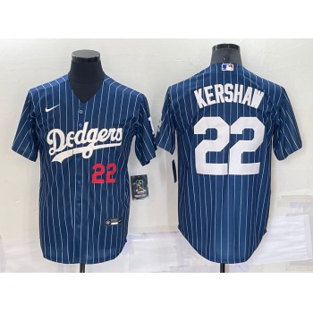 Men's Los Angeles Dodgers #22 Clayton Kershaw Number Red Navy Blue Pinstripe Stitched MLB Cool Base Nike Jersey