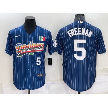 Mens Los Angeles Dodgers #5 Freddie Freeman Number Rainbow Blue Red Pinstripe Mexico Cool Base Nike Jersey