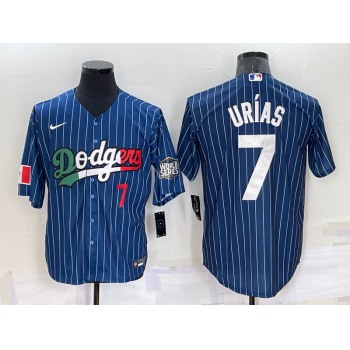 Mens Los Angeles Dodgers #7 Julio Urias Number Navy Blue Pinstripe 2020 World Series Cool Base Nike Jersey