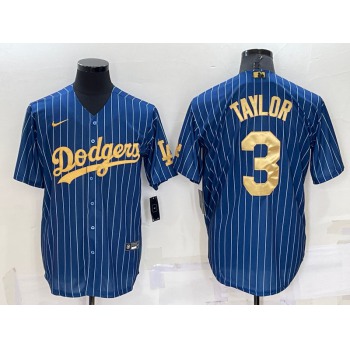 Men's Los Angeles Dodgers #3 Chris Taylor Navy Blue Gold Pinstripe Stitched MLB Cool Base Nike Jersey
