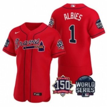 Men Atlanta Braves 1 Ozzie Albies 2021 Red World Series With 150th Anniversary Patch Stitched Baseball Jersey