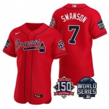 Men Atlanta Braves 7 Dansby Swanson 2021 Red World Series With 150th Anniversary Patch Stitched Baseball Jersey