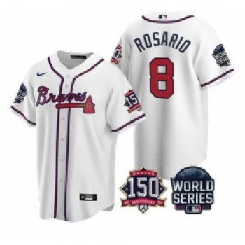 Men Atlanta Braves 8 Eddie Rosario 2021 White World Series With 150th Anniversary Patch Cool Base Stitched Jersey