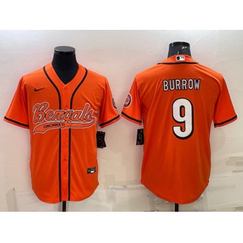 Men's Cincinnati Bengals #9 Joe Burrow Orange With Patch Cool Base Stitched Baseball Jersey