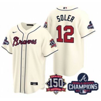 Men's Cream Atlanta Braves #12 Jorge Soler 2021 World Series Champions With 150th Anniversary Patch Cool Base Stitched Jersey