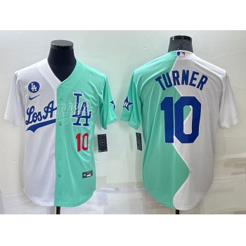 Men's Los Angeles Dodgers #10 Justin Turner White Green Number 2022 Celebrity Softball Game Cool Base Jersey1