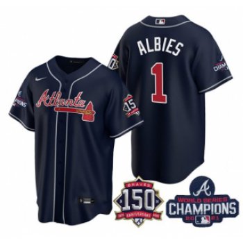 Men's Navy Atlanta Braves #1 Ozzie Albies 2021 World Series Champions With 150th Anniversary Patch Cool Base Stitched Jersey