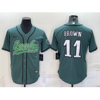 Men's Philadelphia Eagles #11 AJ Brown Green With Patch Cool Base Stitched Baseball Jersey