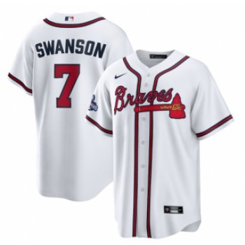 Men's White Atlanta Braves #7 Dansby Swanson 2021 World Series Champions Cool Base Stitched Jersey