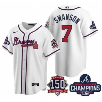 Men's White Atlanta Braves #7 Dansby Swanson 2021 World Series Champions With 150th Anniversary Patch Cool Base Stitched Jersey