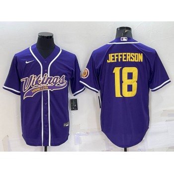 Men's Minnesota Vikings #18 Justin Jefferson Purple Yellow With Patch Cool Base Stitched Baseball Jersey