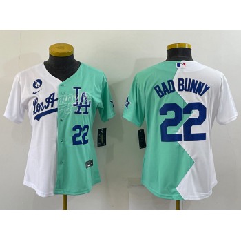 Womens Los Angeles Dodgers #22 Bad Bunny White Green Two Tone 2022 Celebrity Softball Game Cool Base Jersey