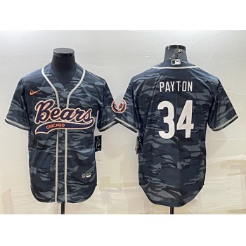 Men's Chicago Bears Blank #34 Walter Payton Grey Camo With Patch Cool Base Stitched Baseball Jersey