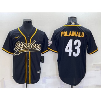Men's Pittsburgh Steelers #43 Troy Polamalu Black With Patch Cool Base Stitched Baseball Jersey