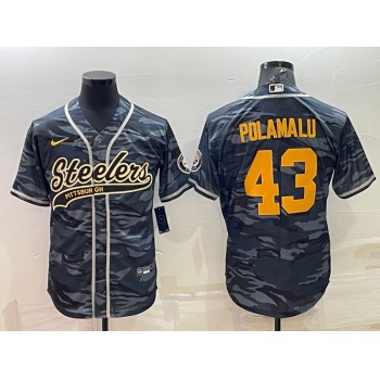 Men's Pittsburgh Steelers #43 Troy Polamalu Grey Navy Camo With Patch Cool Base Stitched Baseball Jersey