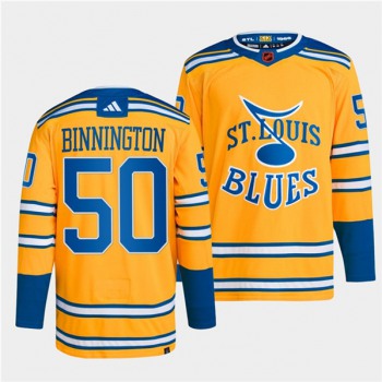Men's St. Louis Blues #50 Jordan Binnington Yellow 2022-23 Reverse Retro Stitched Jersey