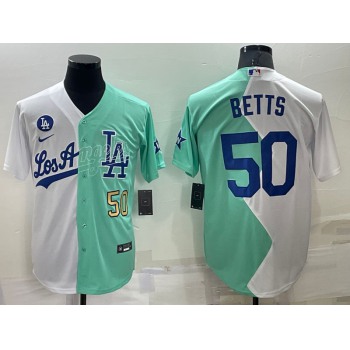 Mens Los Angeles Dodgers #50 Mookie Betts White Green Number 2022 Celebrity Softball Game Cool Base Jersey