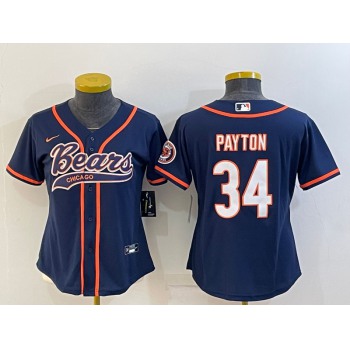 Women's Chicago Bears #34 Walter Payton Navy With Patch Cool Base Stitched Baseball Jersey