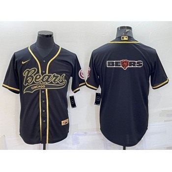 Men's Chicago Bears Black Gold Team Big Logo With Patch Cool Base Stitched Baseball Jersey