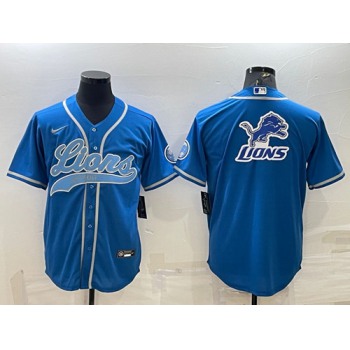 Men's Detroit Lions Blue Team Big Logo With Patch Cool Base Stitched Baseball Jersey