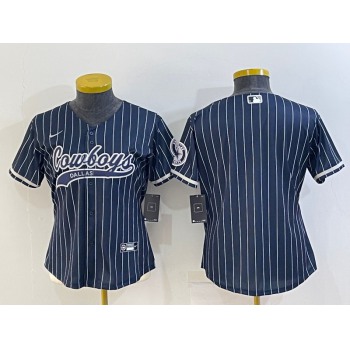 Women's Dallas Cowboys Blank Navy Blue Pinstripe With Patch Cool Base Stitched Baseball Jersey