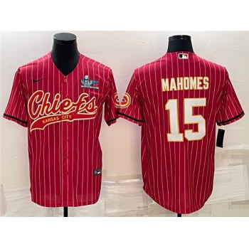 Men's Kansas City Chiefs #15 Patrick Mahomes Red With Super Bowl LVII Patch Cool Base Stitched Baseball Jersey