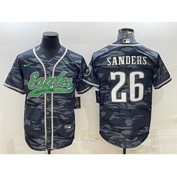 Men's Philadelphia Eagles #26 Miles Sanders Grey Camo With Patch Cool Base Stitched Baseball Jersey